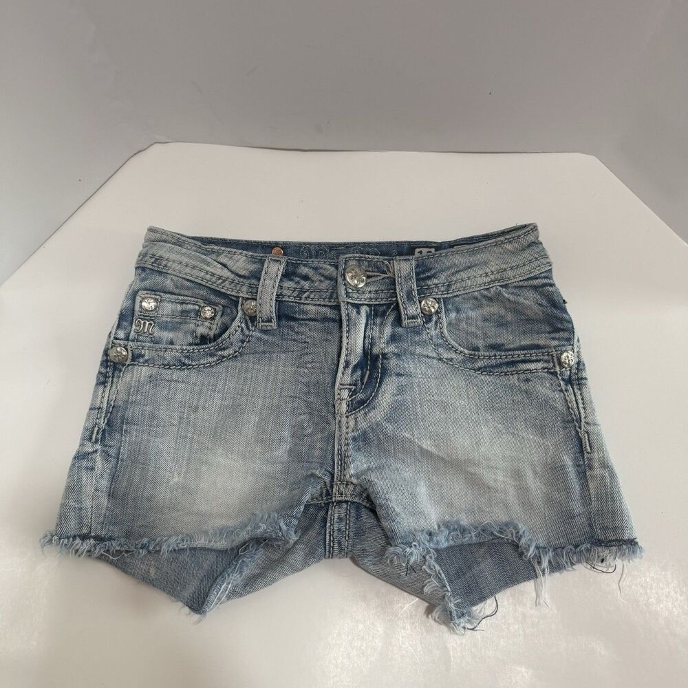 Miss Me Jean Shorts Girls Size 12 Blue Medium Wash Embroidered Mid Rise Denim